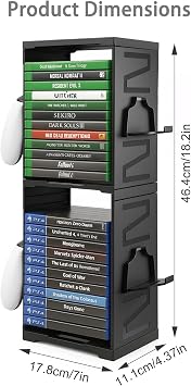 Game Storage Tower Universal Game Storage Rack Vertical Stand Holds 24 Discs for PS5 Xbox Series X/S Switch with Controller Hook Double Layer Storage Black
