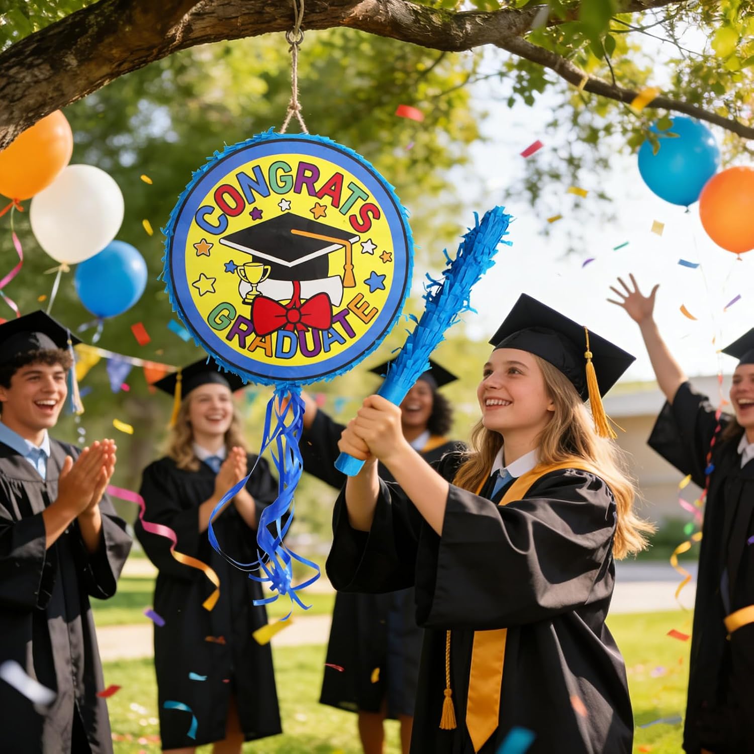 2026 Graduation Piñata with Stick,Blindfold,Confetti Graduation Medal Piñata,Graduation Piñata Decoration,End of Year Piñata Party Decoration for School Congratulation Supply 13in