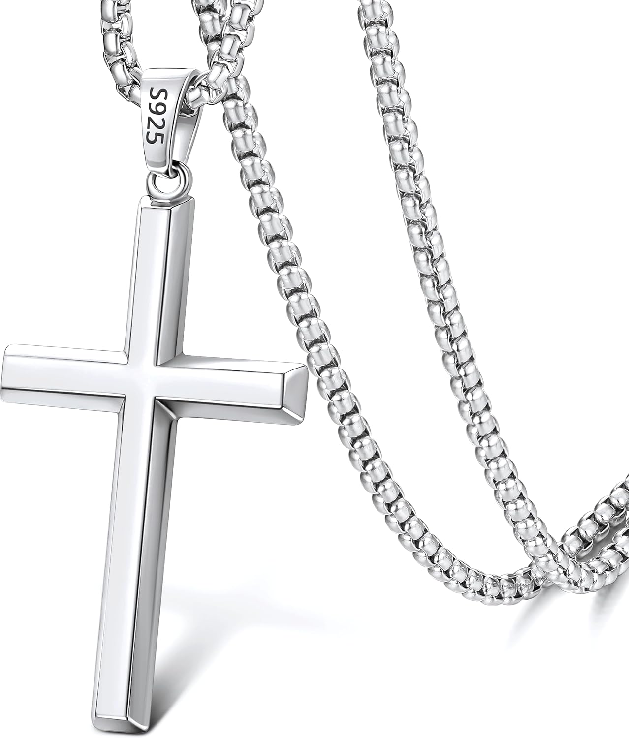 925 Sterling Silver Cross Necklace for Men Boys, 18k Gold Plated Sterling Silver Cross Necklace with 3mm Stainless Steel Box Chain, Mens Chain Necklaces 16 18 20 22 24 26 Inch