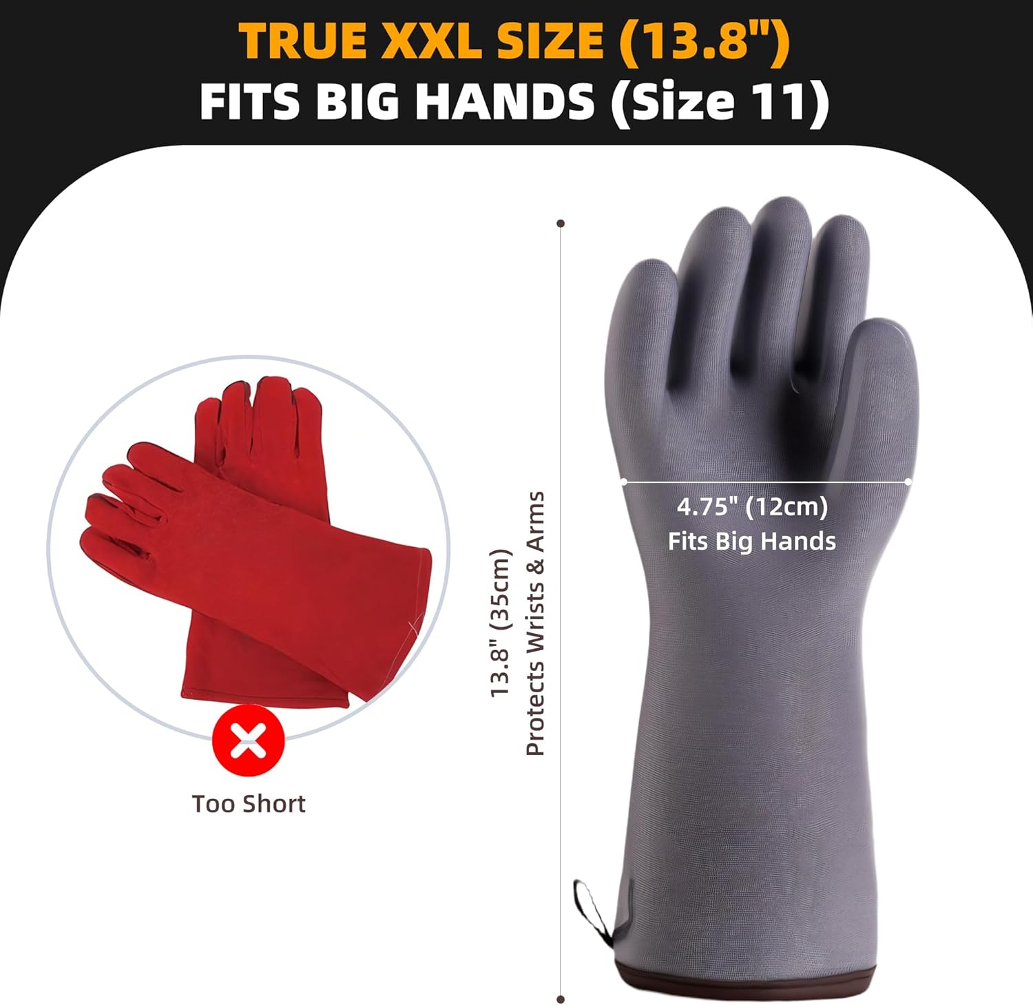 XXL Liquid Silicone BBQ Gloves - Heat Resistant Gloves for Grilling 662°F, 13.8" Extra Long Waterproof Smoker Oven Mitts with Cotton Liner, Meat Handling Accessories for Big Hands, Grey