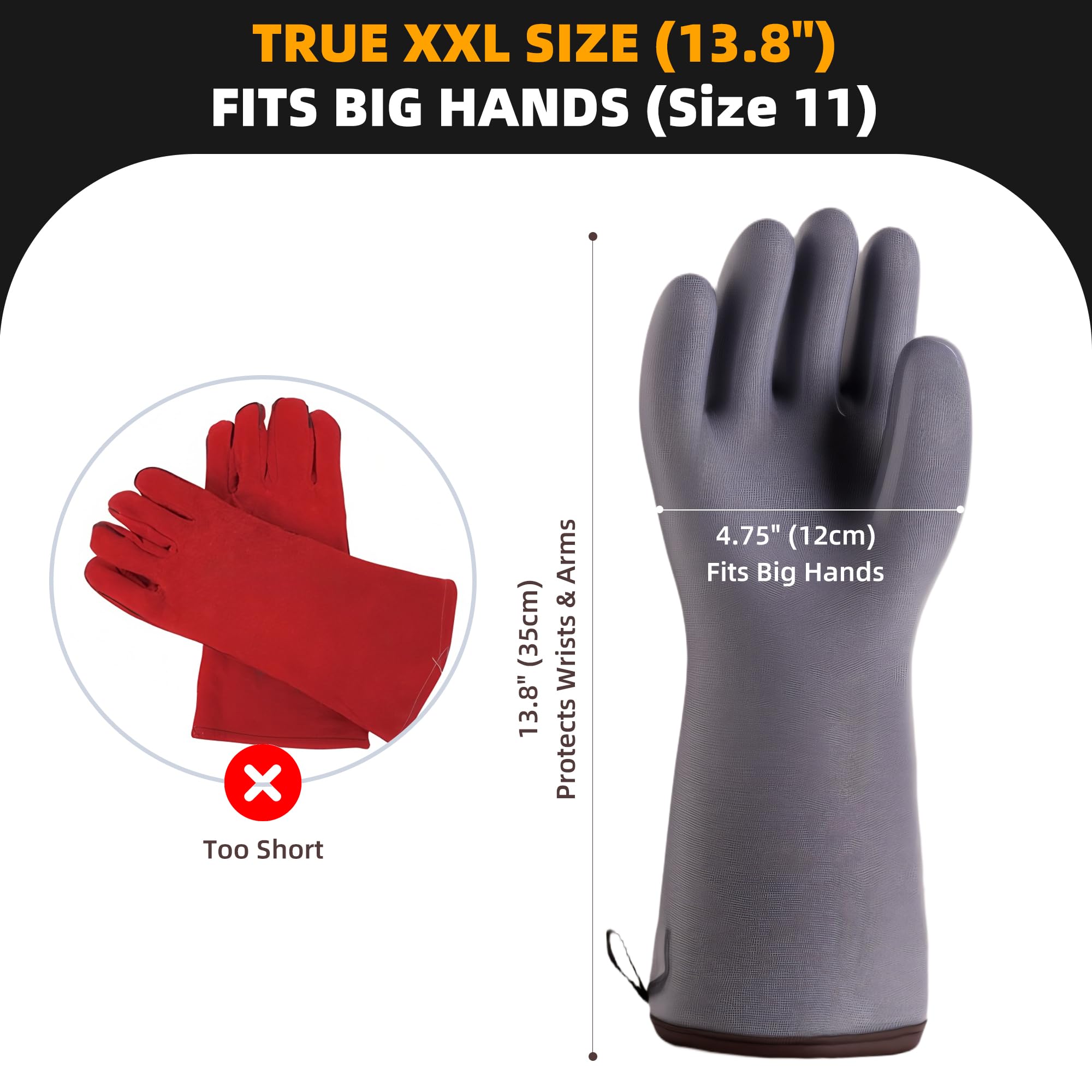 Pitmaster - Guanti da barbecue in silicone liquido, resistenti al calore fino a 350 °C, impermeabili, per cucinare e grigliare, 35,1 cm, extra lunghi per mani grandi (grigio)