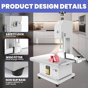 Electric Meat Bone Saw 1000W, Adjustable Slice Thickness, Frozen Meat Cutting Machine, Stainless Steel Table Bone Cutting Machine, Used for Home Market Factory Cutting of Ribs and Pig Trotters