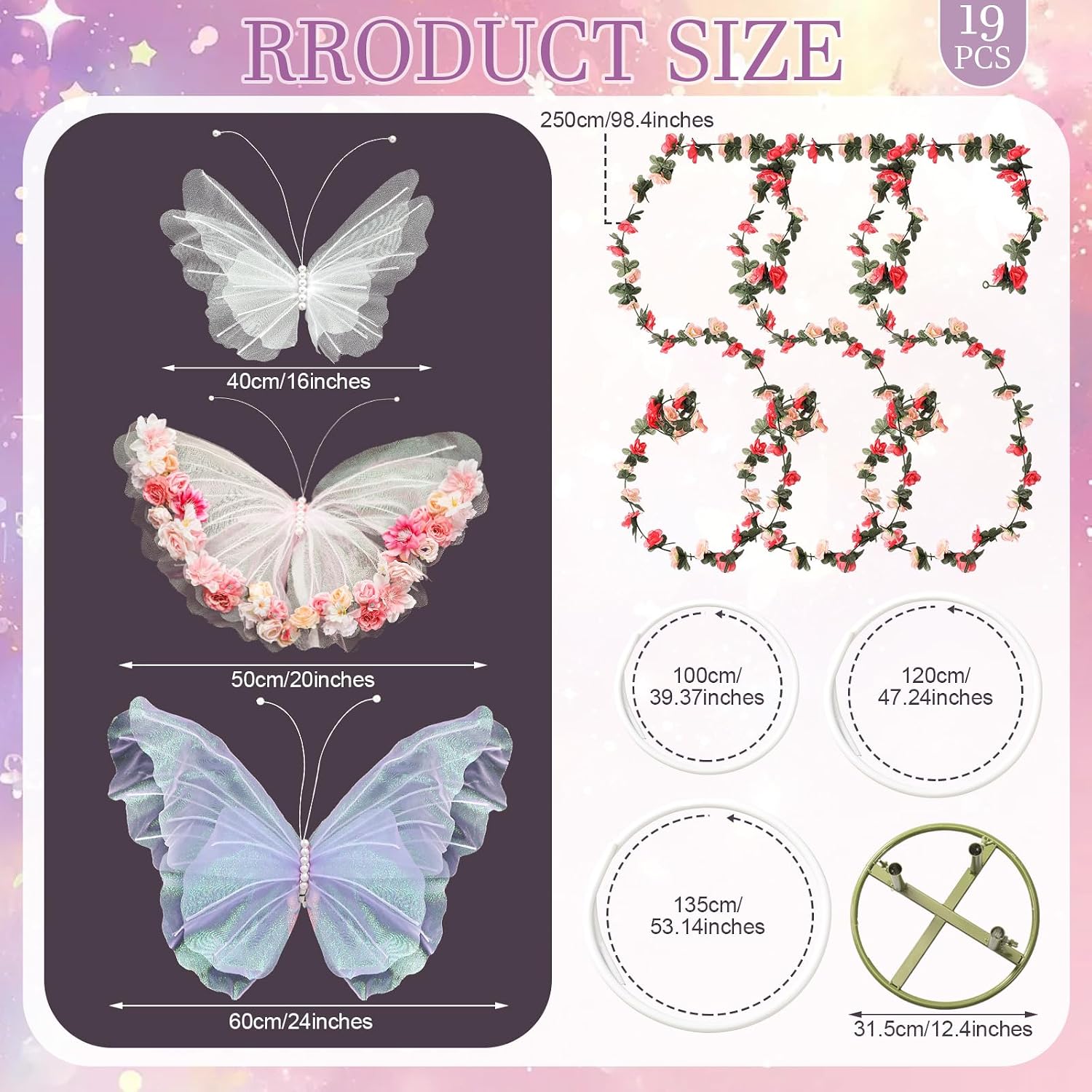 Giegxin 3 Pcs Large Butterfly Decorations 16" 20" 24" Big Silk Butterfly Decoration with Standing Base Artificial Flower Garland Mariposas Grandes para Decor for Spring Home Wedding Birthday Party