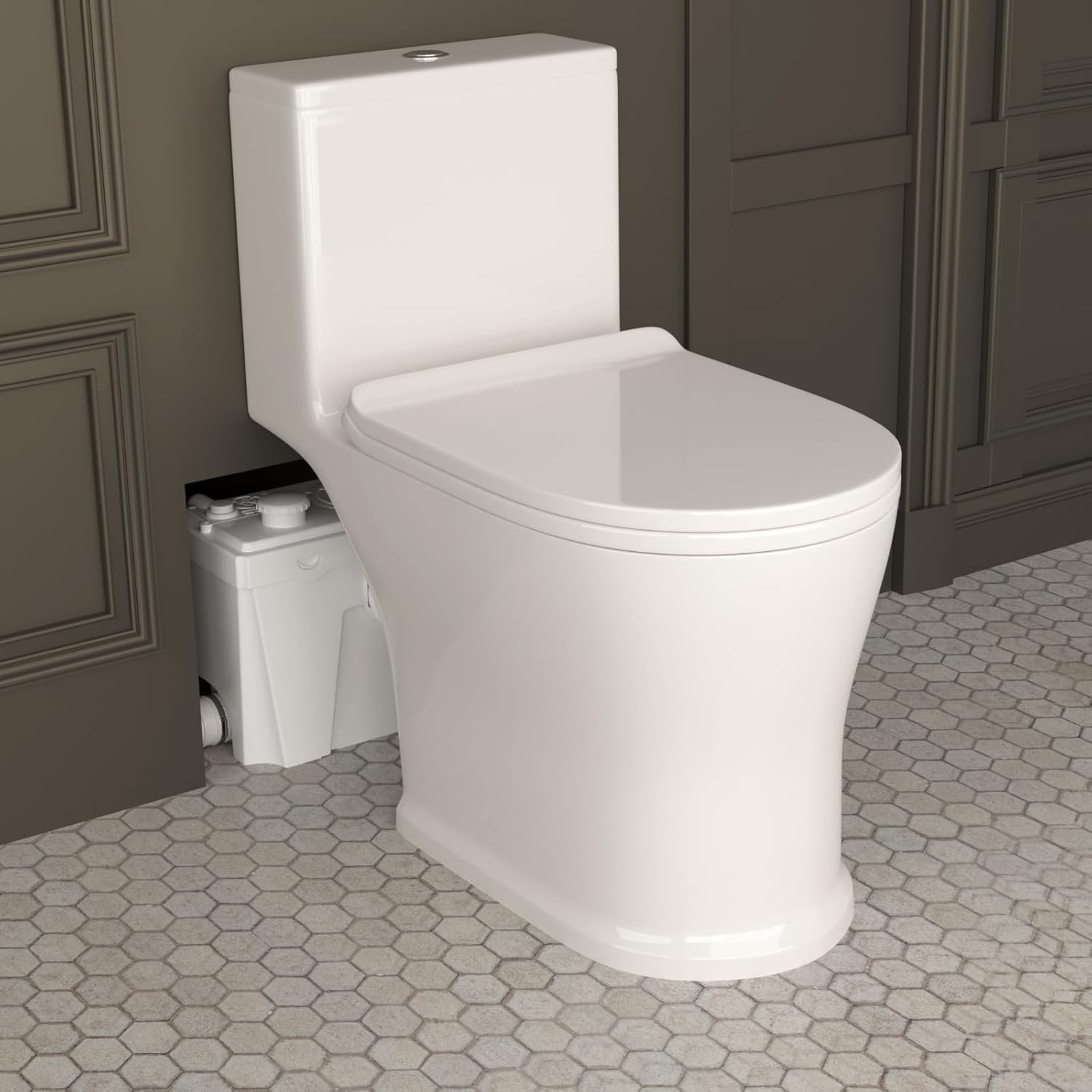 Upflush Macerating Toilet System, 500W Durable Copper Motor Grinder Pump with 4 Inlets for Basement Toilet/Sink/Washer/Laundry Wastewater Disposal, One Piece Full Skirt Toilet, Quiet Operation