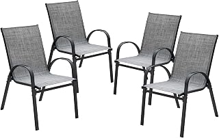 Devoko 4-Pack Stackable Patio Chairs Heavy-Duty Rust-Resistant Outdoor Dining Chairs with Ultra-Comfort Textilene Fabric for Deck, Porch, Garden & Balcony (Grey)