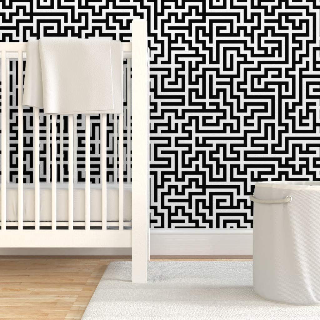 Peel & Stick Wallpaper 12ft x 2ft - Black White Maze Puzzle Geometric Monochrome Modern Custom Removable Wallpaper by Spoonflower