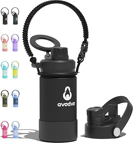 Miniatura 63 de Botella de agua aislada avodvo de 12 onzas con 2 tapas (tapa con popote y boquilla de 2 en 1, tapa magnética), botella de agua para niños con Azul