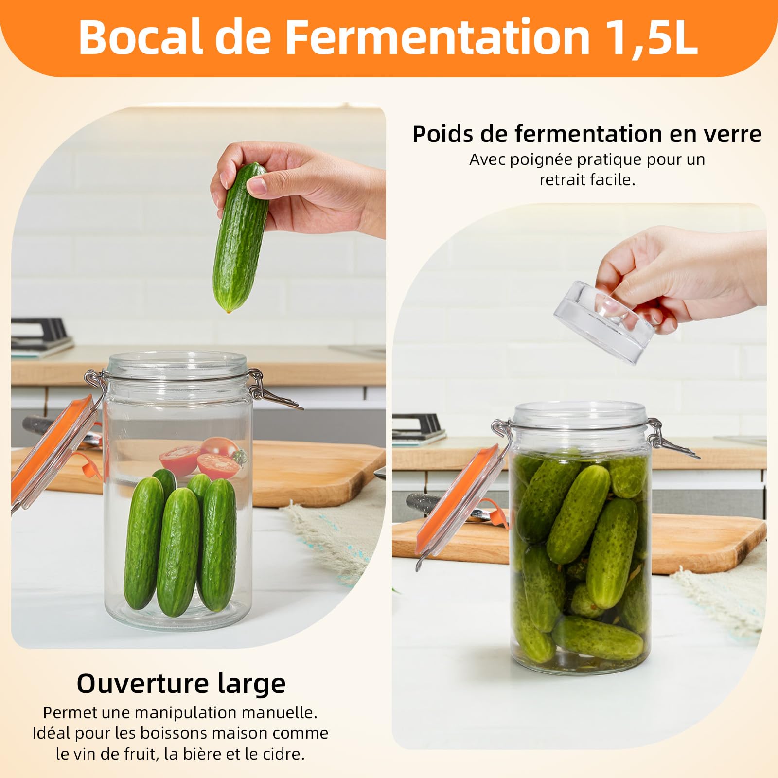 Kit de 2 Bocaux de Fermentation 1,5L avec Poids en Verre - Récipient pour Kimchi, Choucroute, Kombucha & Légumes Marinés - Inclus 2 Bocaux et 2 Poids