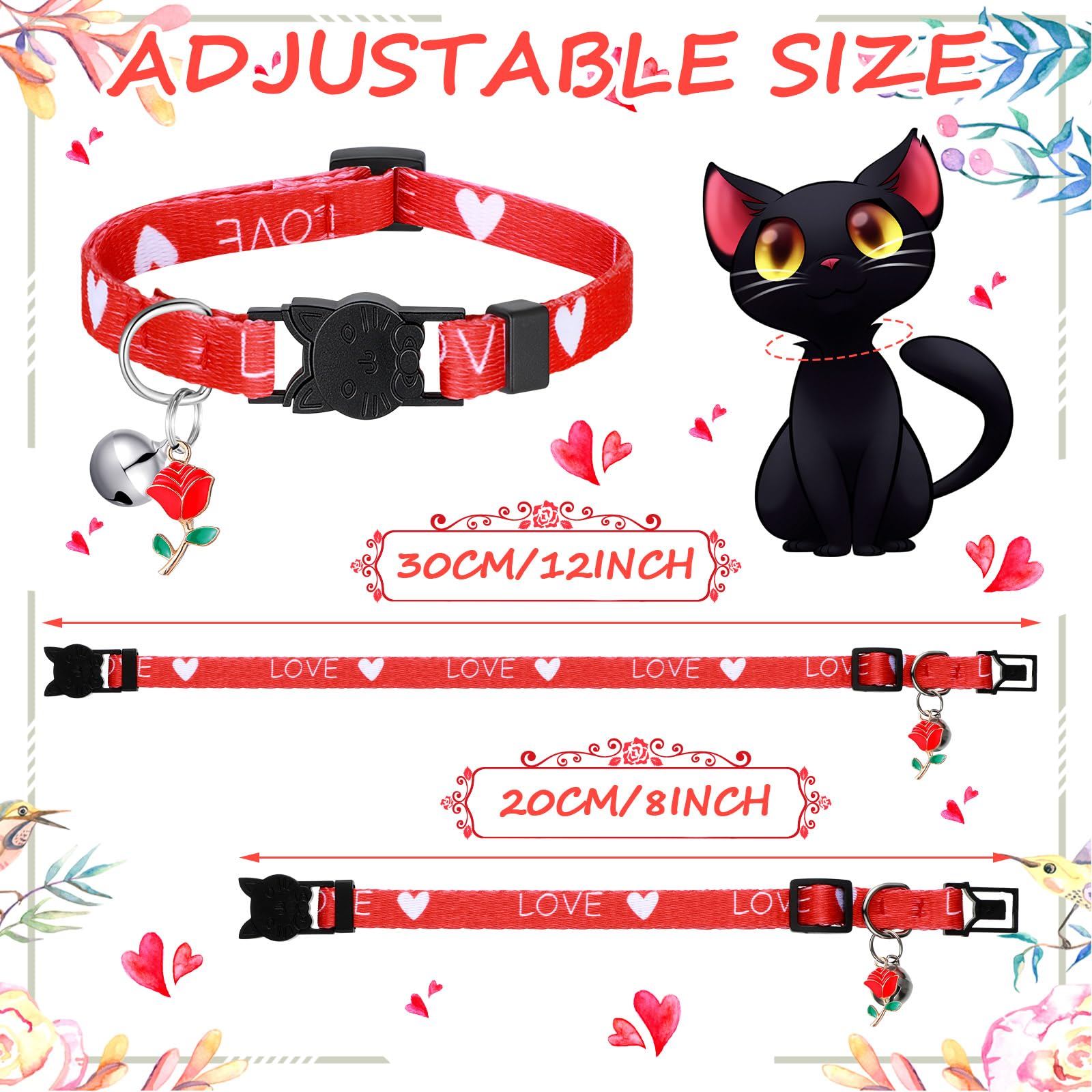 Huhumy 8 collares de gato de San Valentín ajustables con campana collares de gato con hebilla de plástico regalo para gatitos, mascotas, cachorros y perros