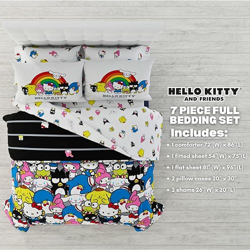 Miniatura 3 de Franco Sanrio Hello Kitty & Friends - Juego de edredón y sábanas súper suaves de 7 piezas con funda, tamaño matrimonial, (producto 100% oficial con