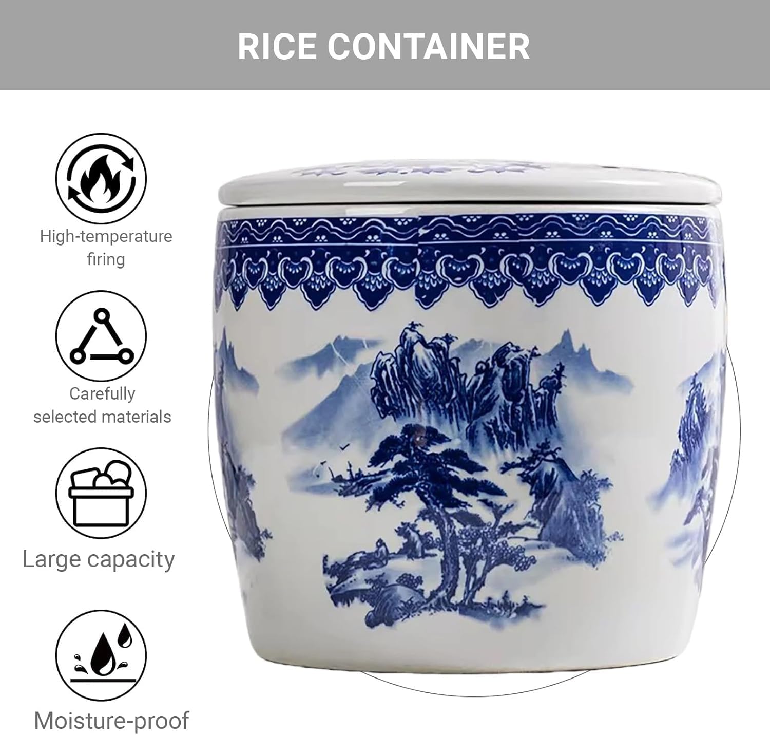 ELEFOCUS Ceramic Rice Bucket With Lid,Grain and Rice Storage Container,With sealing ring, smooth and non-rough surface(25KG)