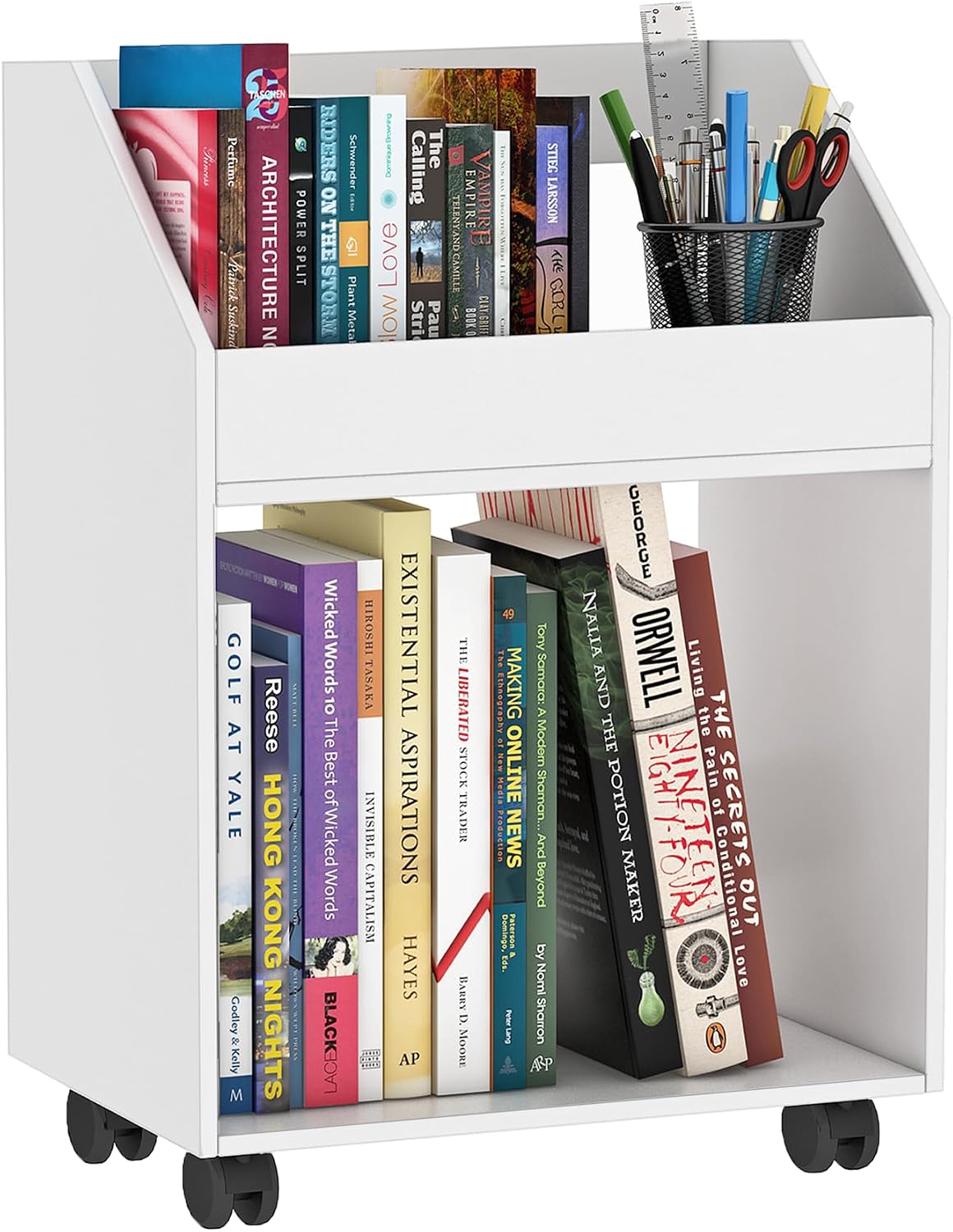HAYOFAMY 2-Tier Mobile Bookshelf, White Bookcase with Wheels, Rolling File Holder Desk File Book Organizer for Home Office Living Room School