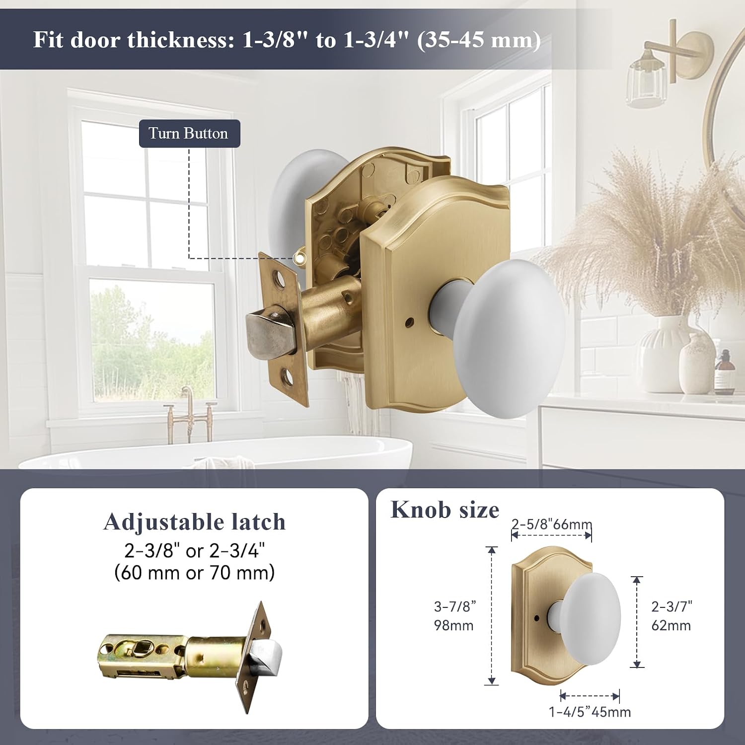 2 Pack Gold Oval Door Knobs Interior with Lock for Privacy | Zinc Camelot Trim, Egg Knob Style for Bath & Bedroom