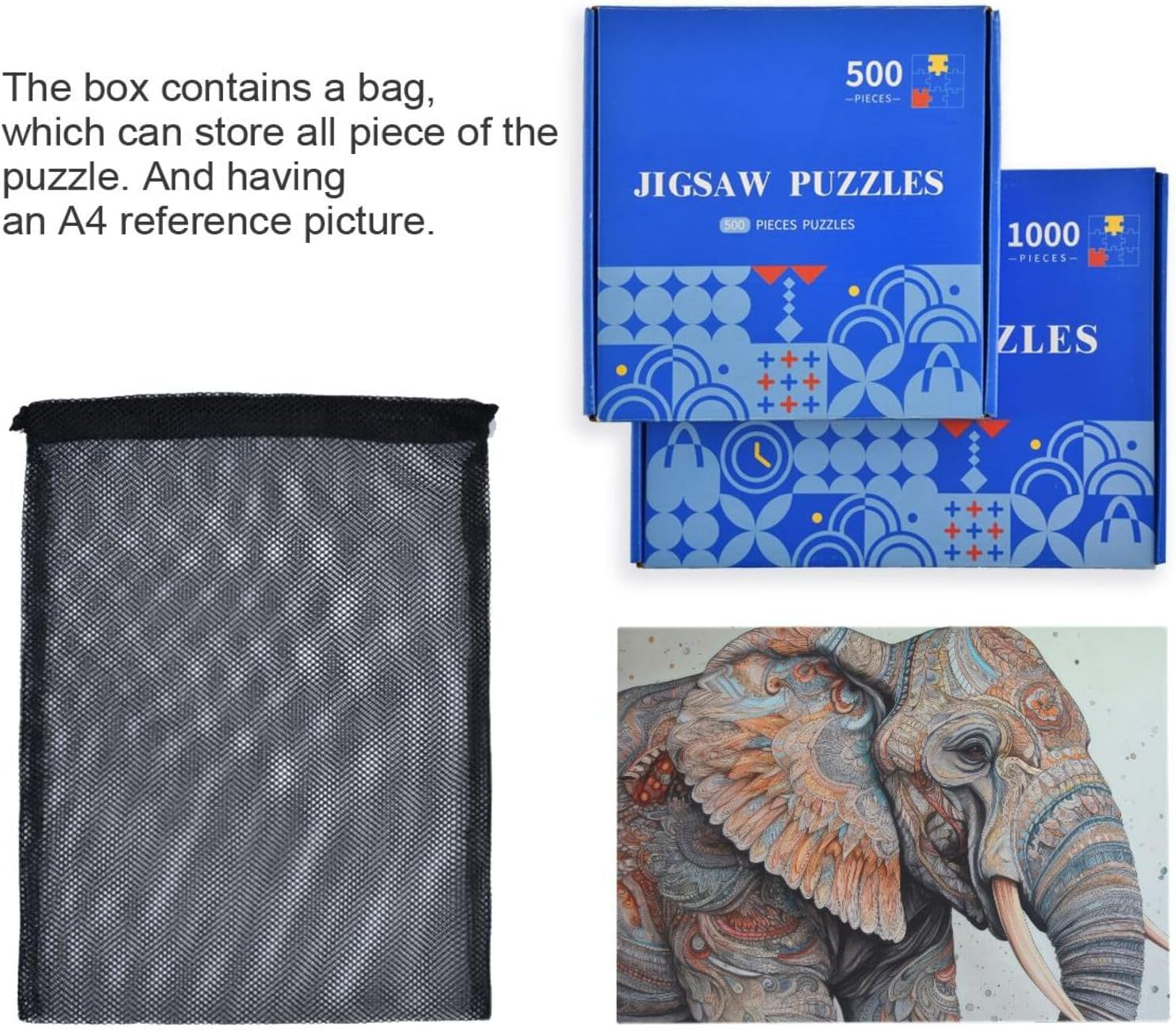 Wooden Jigsaw Puzzle 1000 Pieces Totem Elephant Print, Zigsaw with Alphabet Partition Storage Bag Easy to Solve for Adults