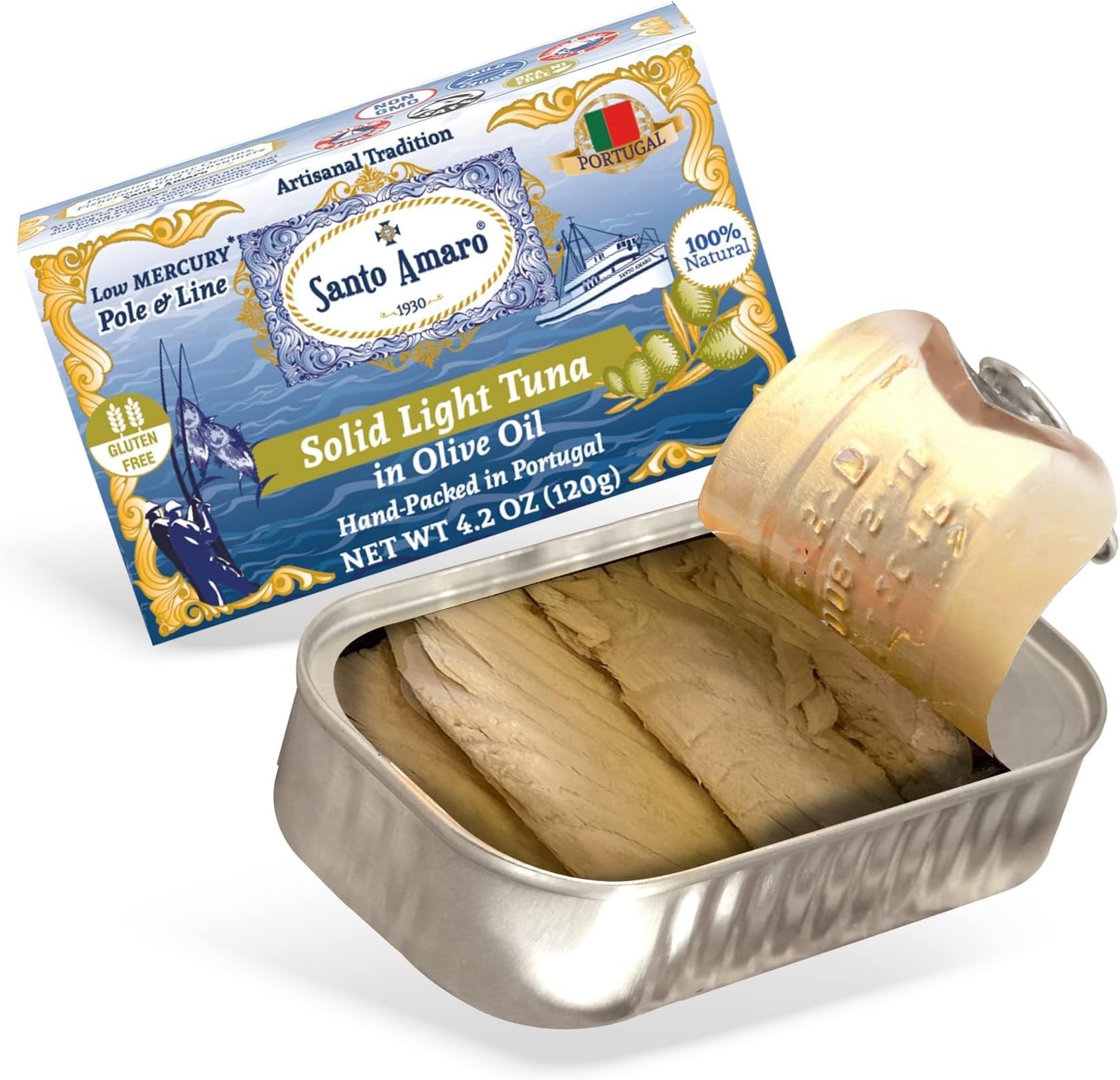 Santo Amaro - Artisanal Wild Tuna Fillets in Virgin Olive Oil, Hand-Packed Canned Tuna from Portugal, Atlantic Natural Tuna, Pole & Line Skipjack Tuna Canned, Low Mercury, 22g Protein Keto, Pack of 12