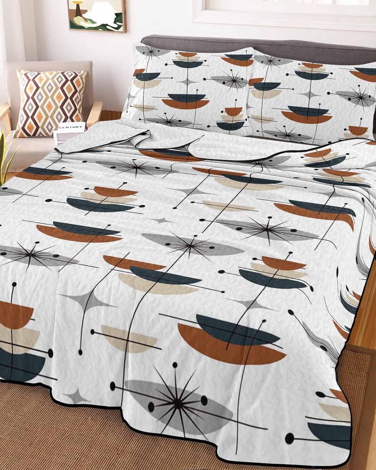King Size Quilt Set, Abstract Bohemian Pattern Lightweight Bedspread Coverlet Set Soft Microfiber Summer Quilt with 2 Pillow Shams, Orange Navy Blue Color Block 3 Piece Comforter Bedding Set