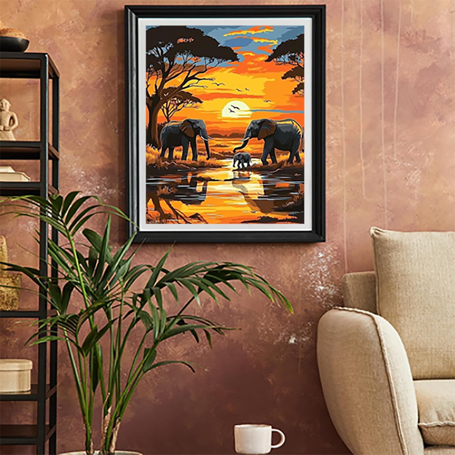 A Family of Elephants in The Forest Paint by Numbers for Adults Beginners Orange Sunset DIY Acrylic Painting Kits on Canvas Strong Colors Oil Paintwork for Home Decor 16x20inch (Without Frame)