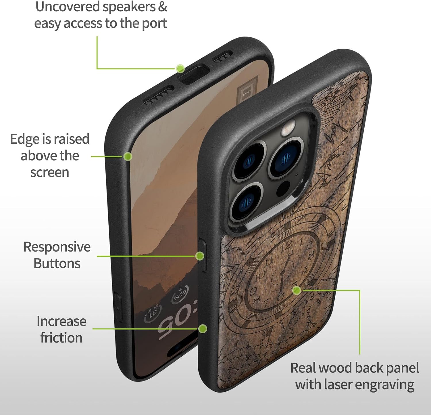 Carveit Magnetic Wood Case for iPhone 14 Pro Max [Natural Wood & Black Soft TPU] Unique & Classy Wooden Shockproof Protective Cover Compatible with magsafe (Nautical Time Voyage -Walnut)