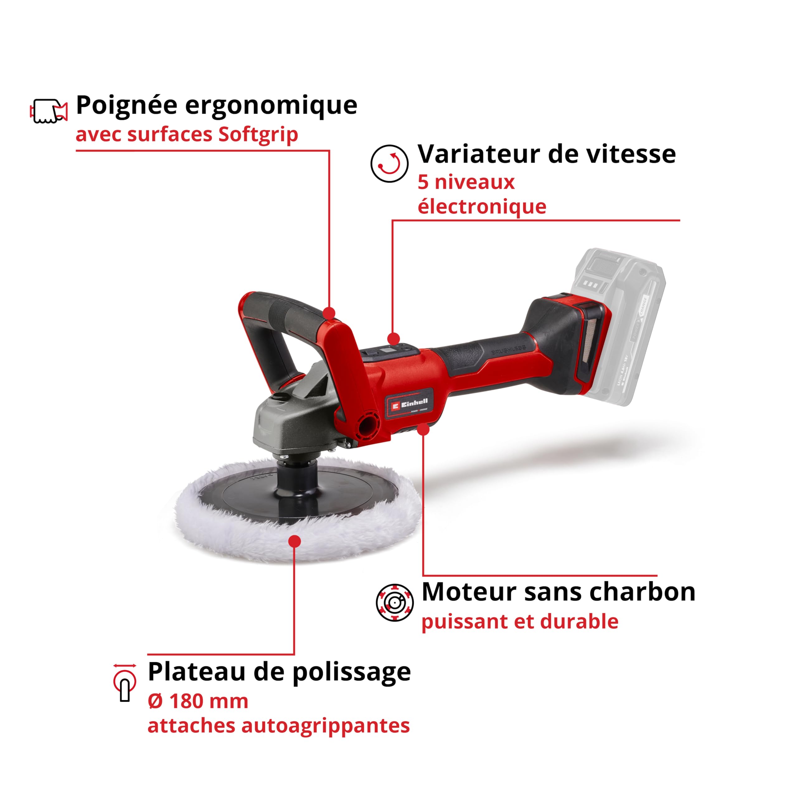 Einhell Polisseuse sans fil CE-CP 18/180 Li E-Solo Power X-Change (18V, moteur électrique sans charbon, régulateur électronique) Livré sans Batterie ni Chargeur