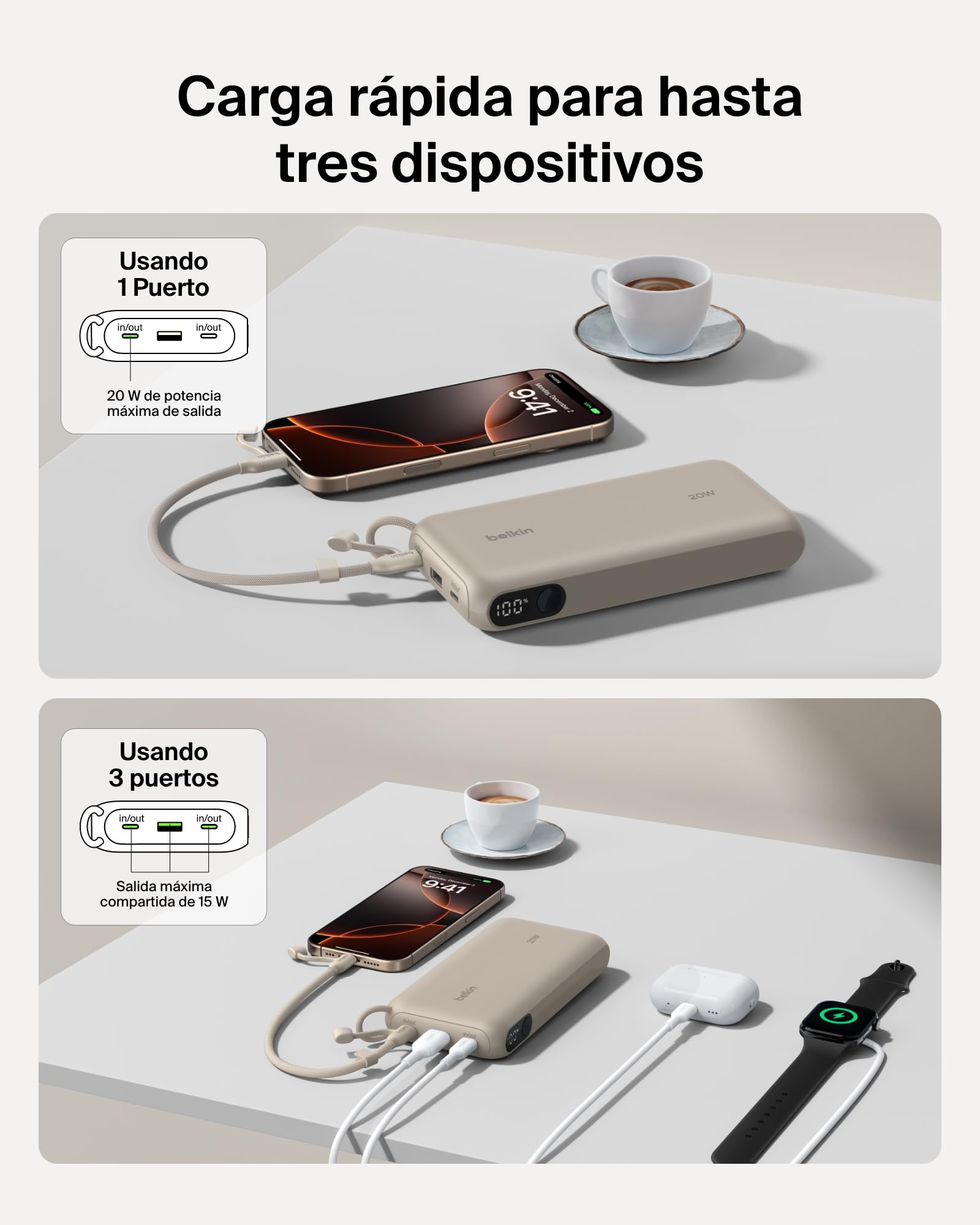 Belkin BoostCharge Batería Externa 20000 mAh con Pantalla Digital - Arena | Power Bank de 20000 mAh, 2 Puertos USB-C y 1 USB-A, 20 W, Apta como Equipaje de Mano, Precargada y Cable USB-C Extraíble