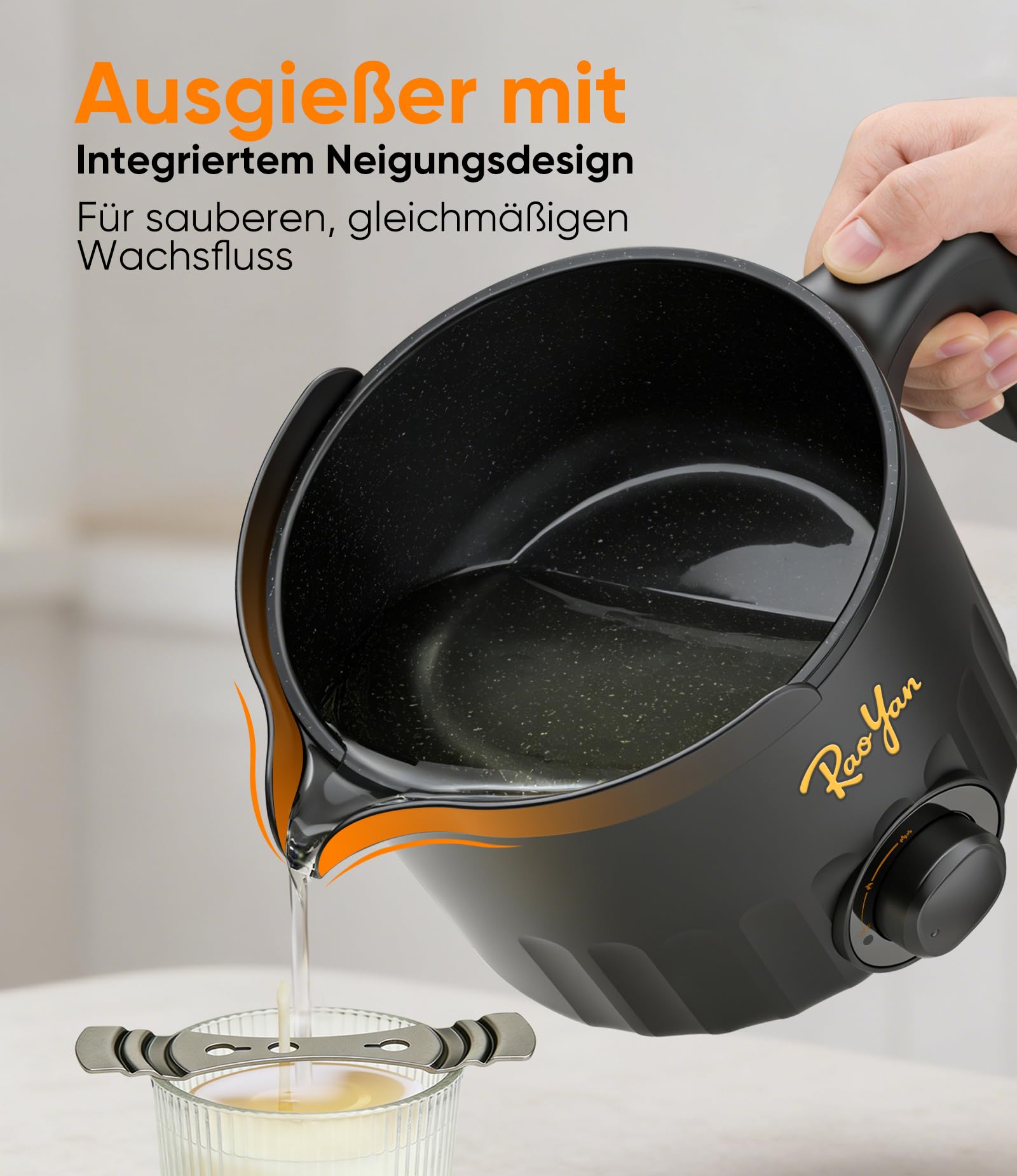 RAOYAN Wachsschmelzer mit Ausgießer 1,5L – Kerzen selber machen Set für Anfänger & Erwachsene, inkl. Wachsschmelztopf, Rührlöffel, Thermometer, Dochte, Aufkleber & Zentriervorrichtung - Schwarz