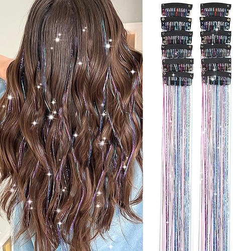 Paquete de 12 extensiones de cabello de oropel con clip de 20 pulgadas, extensiones de cabello de oropel con purpurina colorida para fiesta, disponible en Yaxa Peru