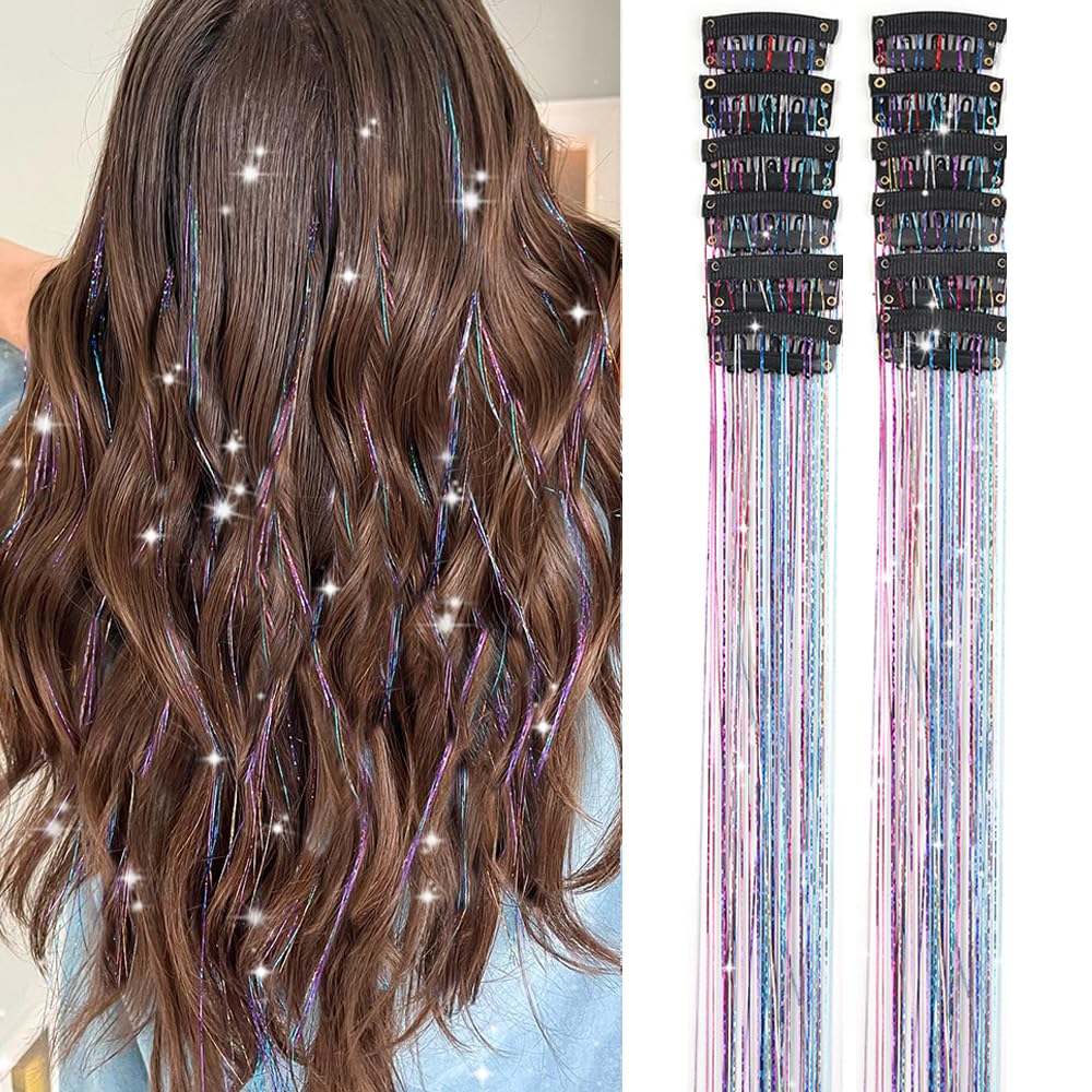 Hair Tinsel Pack of 12 Pcs Colorful Glitter Hair Accessories 20 Inch Clip in Hair Tinsel Extensions Fairy Hair Accessories Party Kit for Women Girls Kids (12Pcs,Colorful)
