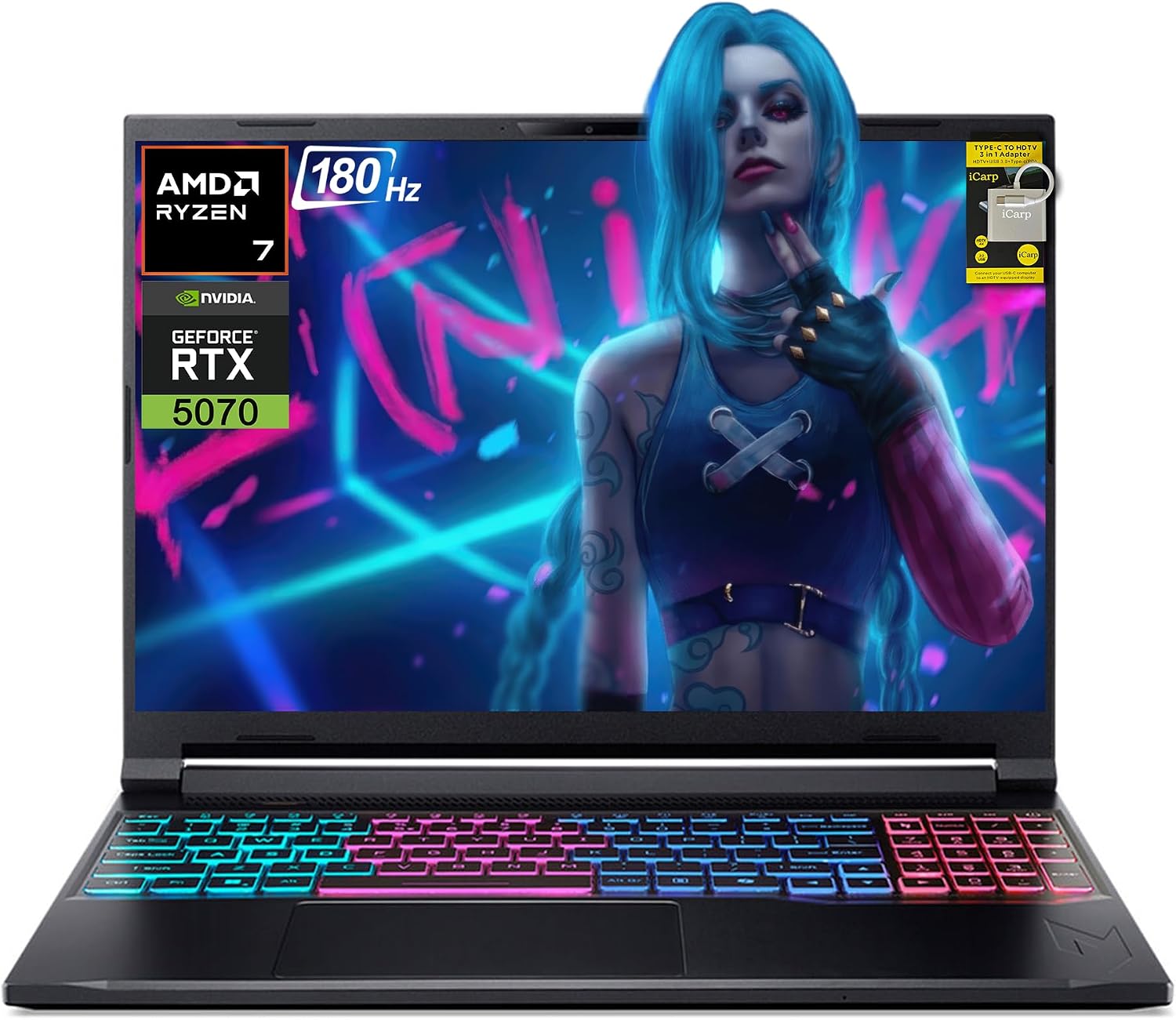 Acer Nitro V Slim Gaming AI Laptop 16" WQXGA (2560x1600) IPS 180Hz AMD 8-core Ryzen 7 260 (>i7-13700H) 16GB RAM 512GB SSD GeForce RTX 5070 (Up to 798 AI Tops) RGB Backlit Win11 ICP Hub