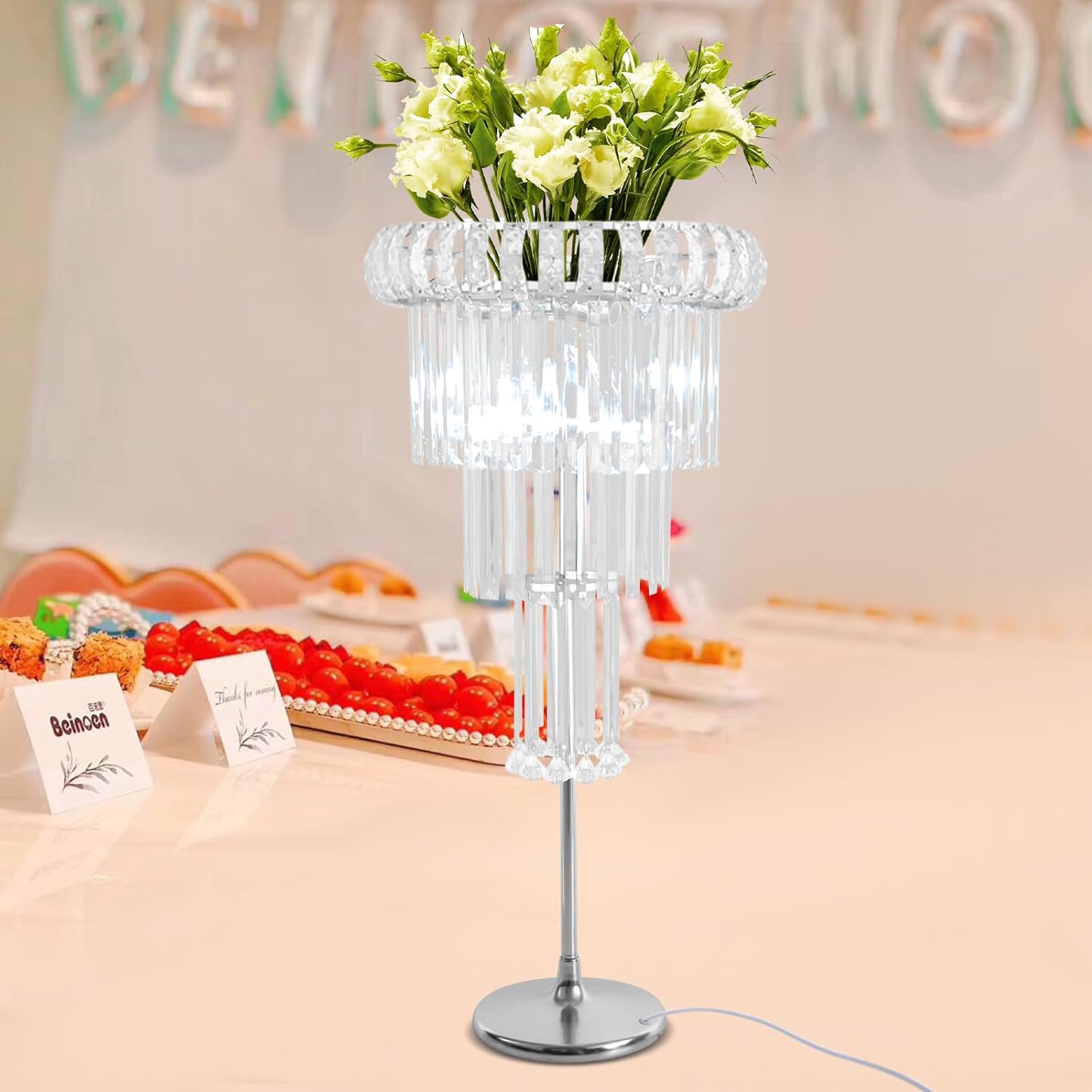 Wedding Silver Vases Centerpieces Crystal Flower Stand with Hanging Crystals&Light, Beautiful Round Chandelier Pedestal Stand for Wedding T Stage Birthday Party Decoration (4Tier, Silver, with Light)
