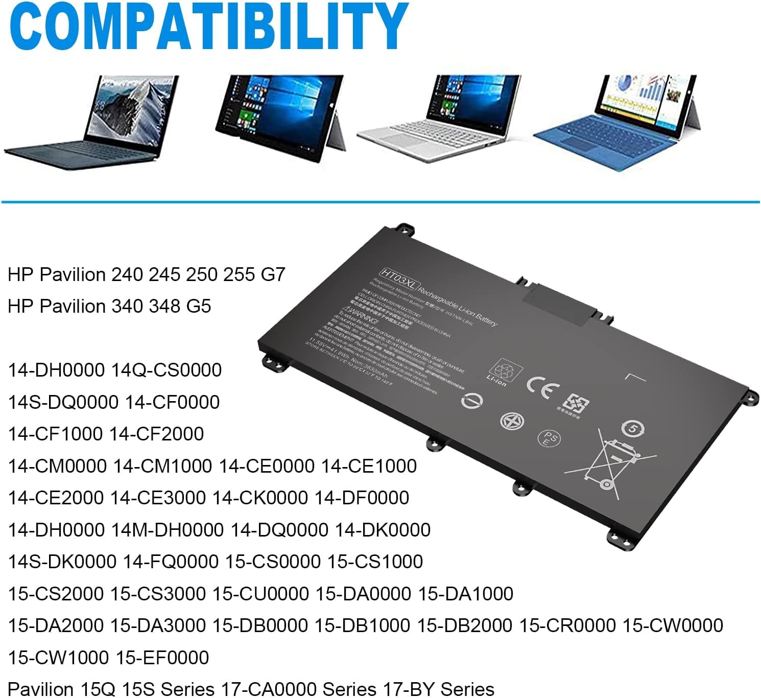 Batería de reemplazo HT03XL para HP 240 245 250 255 G7 340 348 G5 Series Pavilion 14-DH 14Q-CS 14-CE 14-CK 14-DF 14-DQ 15-DW 15Q 15S X360 14M-DH Series HT03041XL L11119-855 L11421-542 L11421-2C2