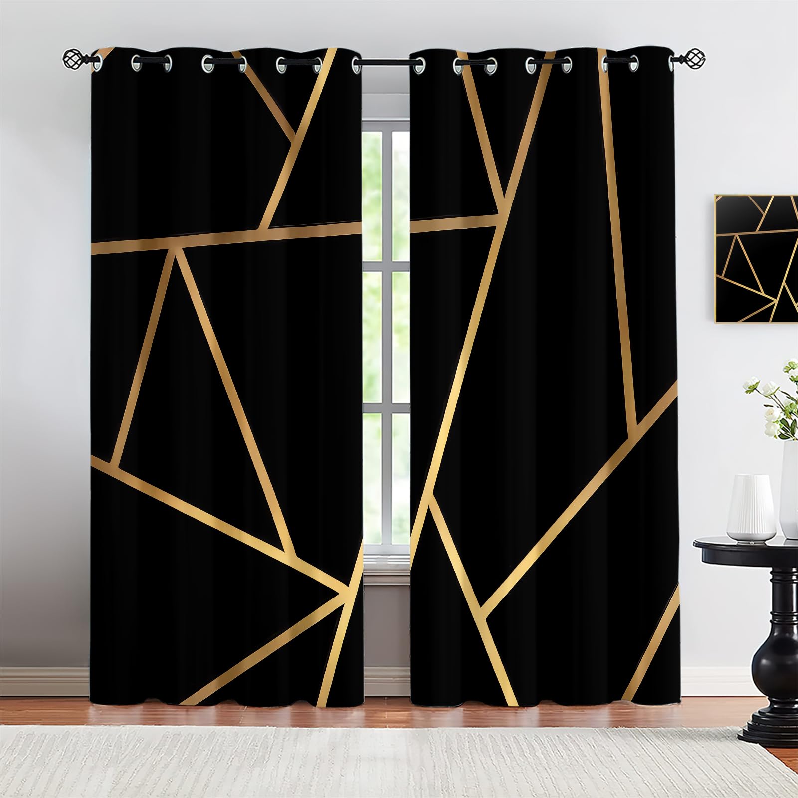Rideau Occultant Isolant Thermique Salon Chambre Enfant Rideaux À Oeillets 3D Art De Texture De Ligne en Or Noir Rideaux Acoustiques Draperies Intérieurs Rideau Décoration De Fenêtre 200X160Cm