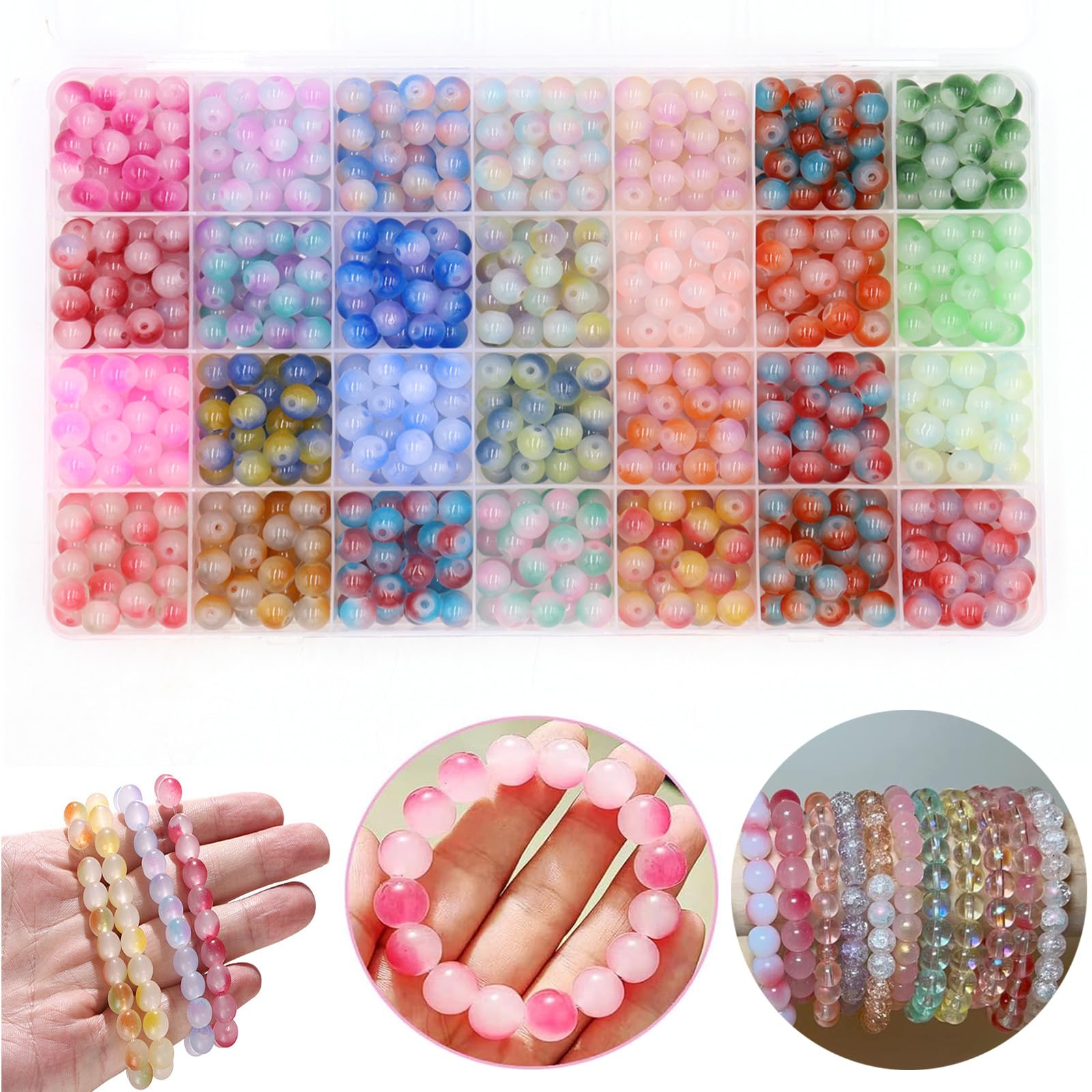 1200 perline di vetro da 8 mm per la creazione di gioielli, kit per la creazione di braccialetti in 24 colori, 2 scatole rotonde adatte per principianti