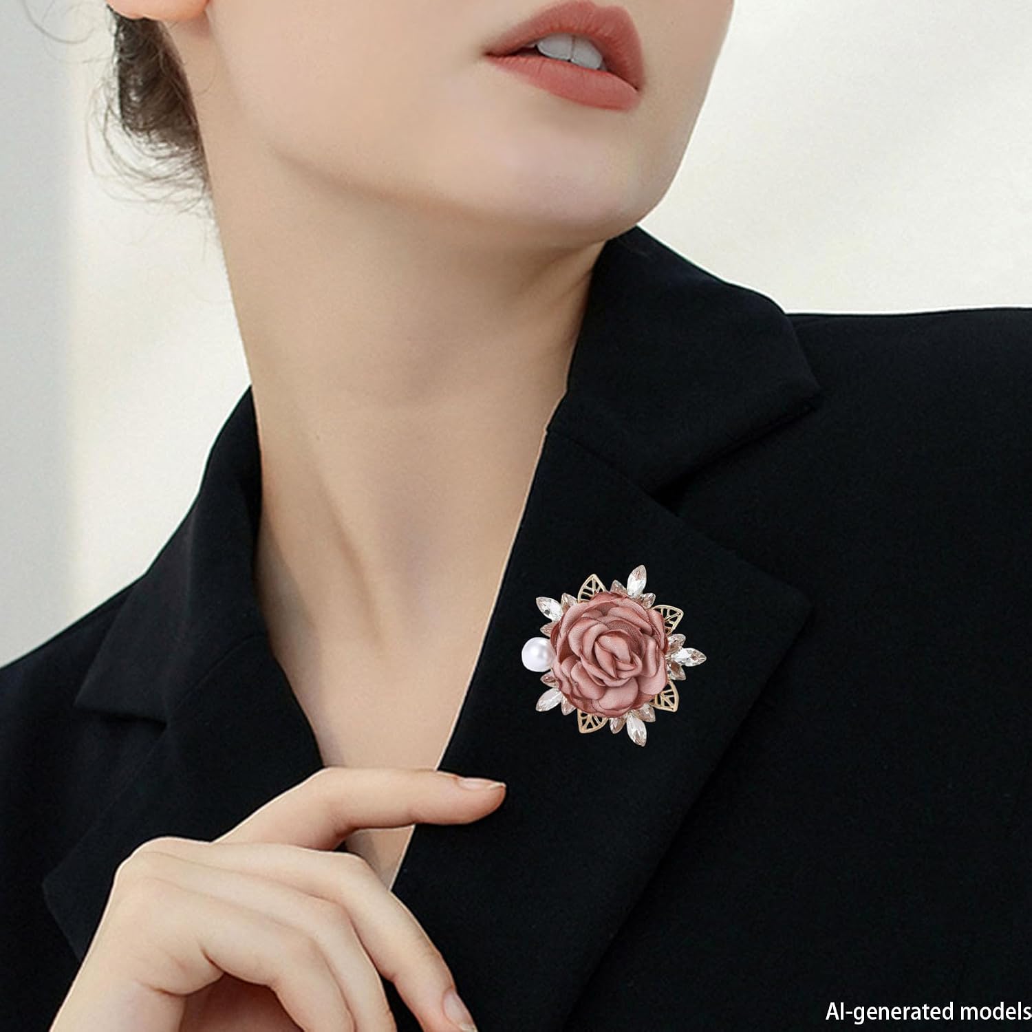 Fabric Rose Brooch for Women Crystal Pearl Flower Lapel Pin image 4
