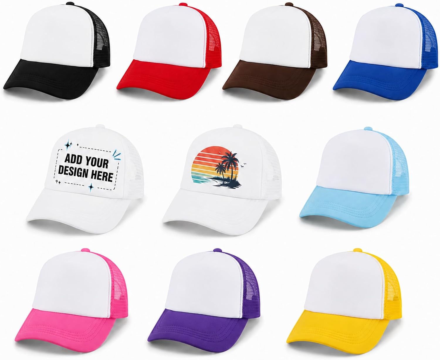 10 Pack Design Your Own Trucker Hat Set – Sublimation Blank Mesh Snapback Baseball Caps for DIY Custom Prints