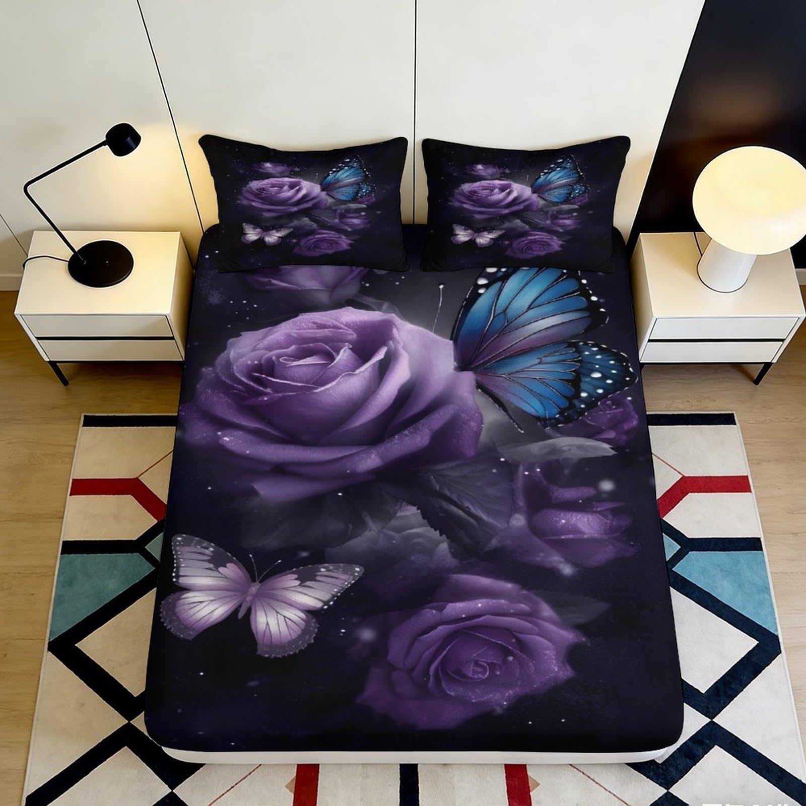 3D Printed Purple Rose Fitted Sheet Microfiber Soft Non-slip Blue Butterfly Mattress Cover for Bedroom Guest Room Easy Care 180x200x25cm