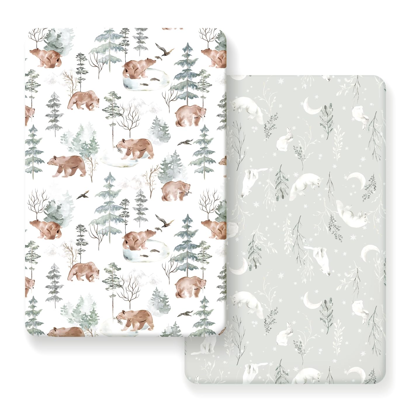 Stretchy Ultra Soft Jersey Knit Fitted Pack n Play Sheets Set 2 Pack, Portable/Mini Crib Sheets for Boys and Girls, Stylish Pattren of Bear and Wolf Print