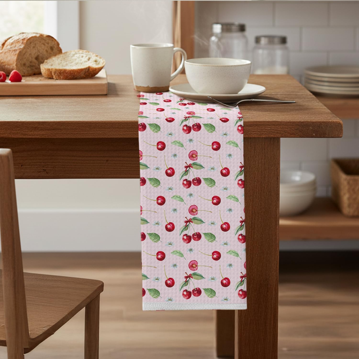 Pink Floral Cherry Kitchen Towels, Cherry Gifts for Women Dish Tea Towels, Cottagecore Cute Cherries Fruit Decorative Hand Towels for Kitchen Bathroom, 16x24 Inch - Image 4