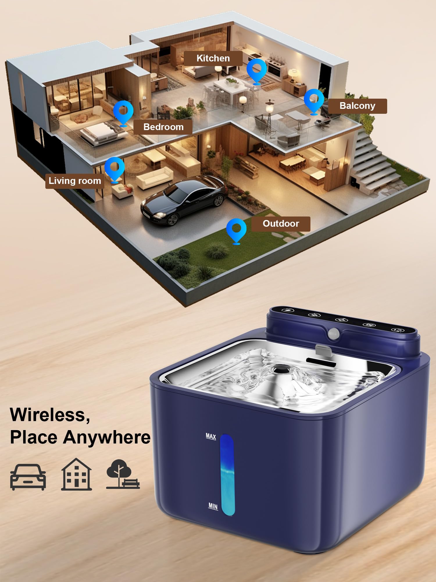 PLOOHT Fontanelle per Gatti Cani con Sensore Movimento, Fontanella per Gatti Cani Senza Fili 3,2L, Alimentato a Batteria, Batteria Ricaricabile Incorporata 4000mAh, con Pompa e Filtro, Blu Scuro
