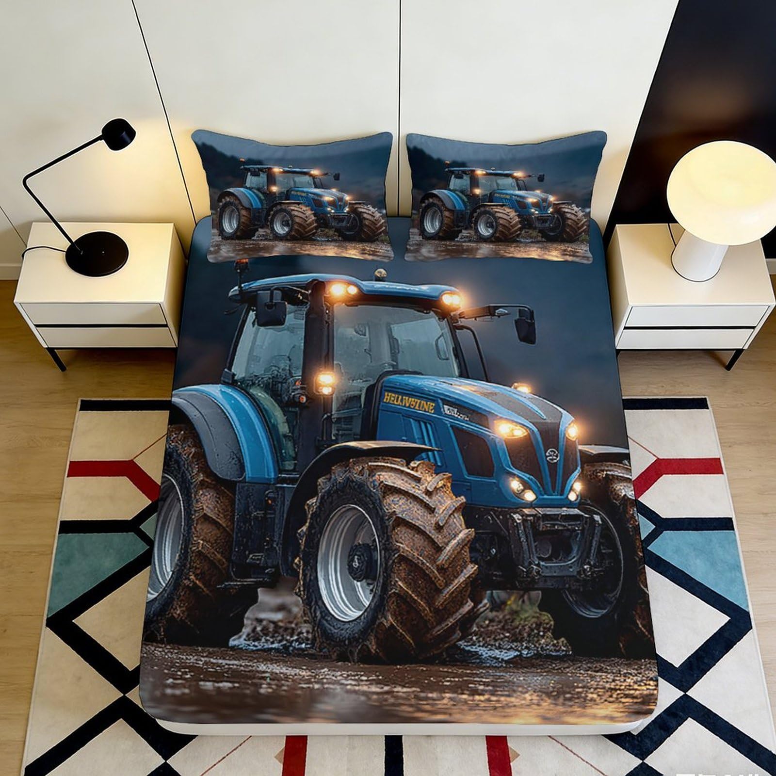 3D Printed Tractor Fitted Sheet Thick Microfiber Deep Pocket Bedroom Bedding Full Wrap Mattress Fitted Cover Non-Slip Washable for Adults Teens 180x200x25cm