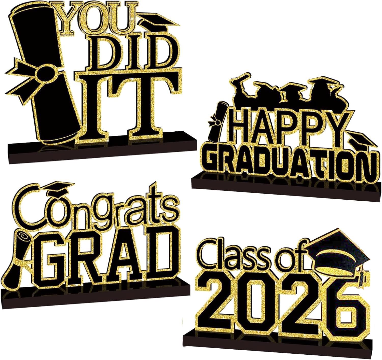 4Pcs Graduation Decorations Class of 2026 Congrats Grad Wooden Table Centerpieces Grad Table Toppers Congratulate Tiered Tray Decor You Did It Graduation Party Decorations 2026 (Black and gold)