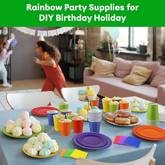 180 Pack Pieces Rainbow Party Tableware -Tablecloth, Colorful Paper Plates and Napkins 250ml Paper Cups Complete Pack Dinnerware Set for Neon Rainbow Birthday Party Decorations Supplies