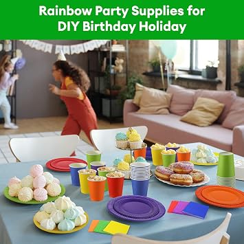 180 Pack Pieces Rainbow Party Tableware -Tablecloth, Colorful Paper Plates and Napkins 250ml Paper Cups Complete Pack Dinnerware Set for Neon Rainbow Birthday Party Decorations Supplies