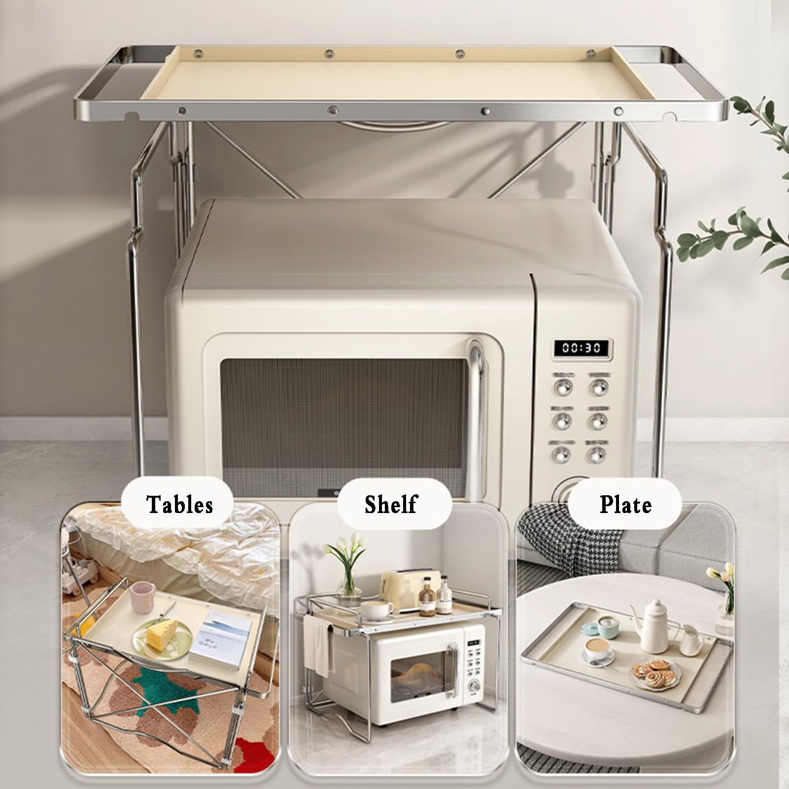 Supporto Microonde Multifunzione In Acero Bianco - Scaffale Da Cucina 54x35x34.5 Cm Con Ripiano