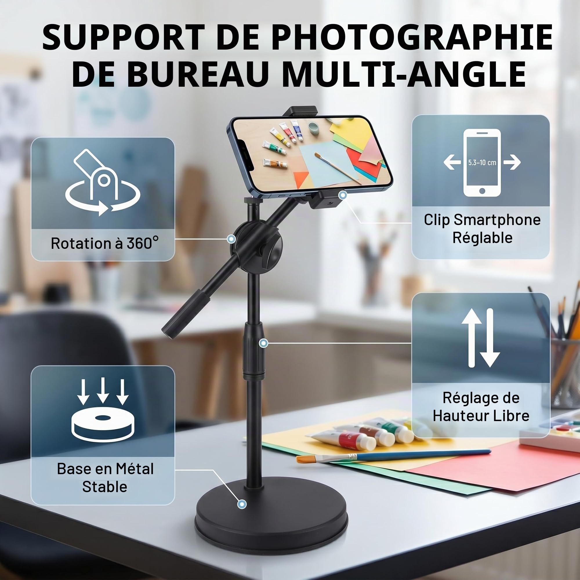 Pissente Support de Bureau pour Téléphone en Streaming en Direct, Support de Téléphone Réglable à 360 °, Support de Téléphone pour Photographie de Bureau, Support de Bras pour Prise de