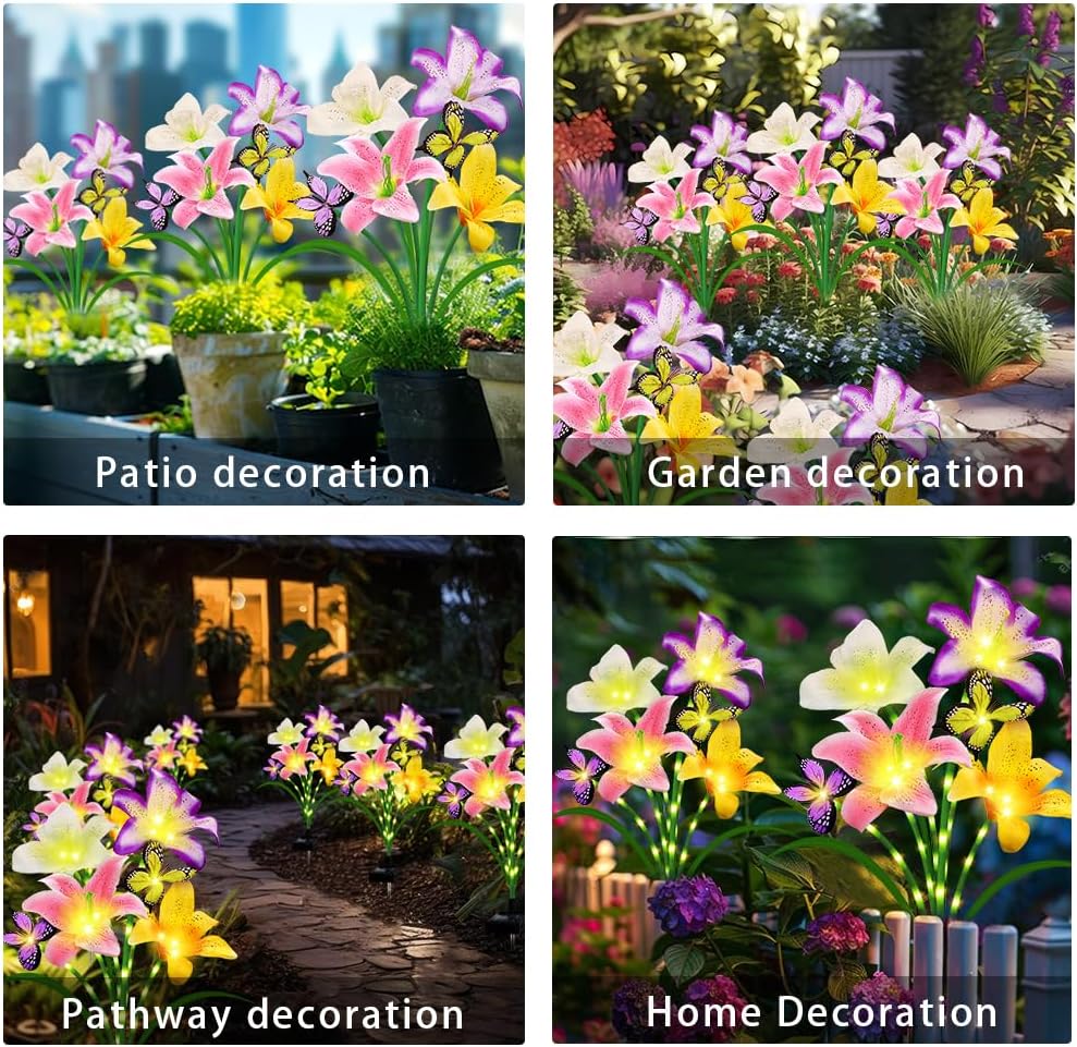 Solar Lights Outdoor, Gift for Women Mom Grandma Wife, 4 Pack 16 Solar Lily Flower Lights With 8 Butterfly Decor, Solar Flower Lights Waterproof Outside Decor Stake Light for Landscape Yard Patio Lawn