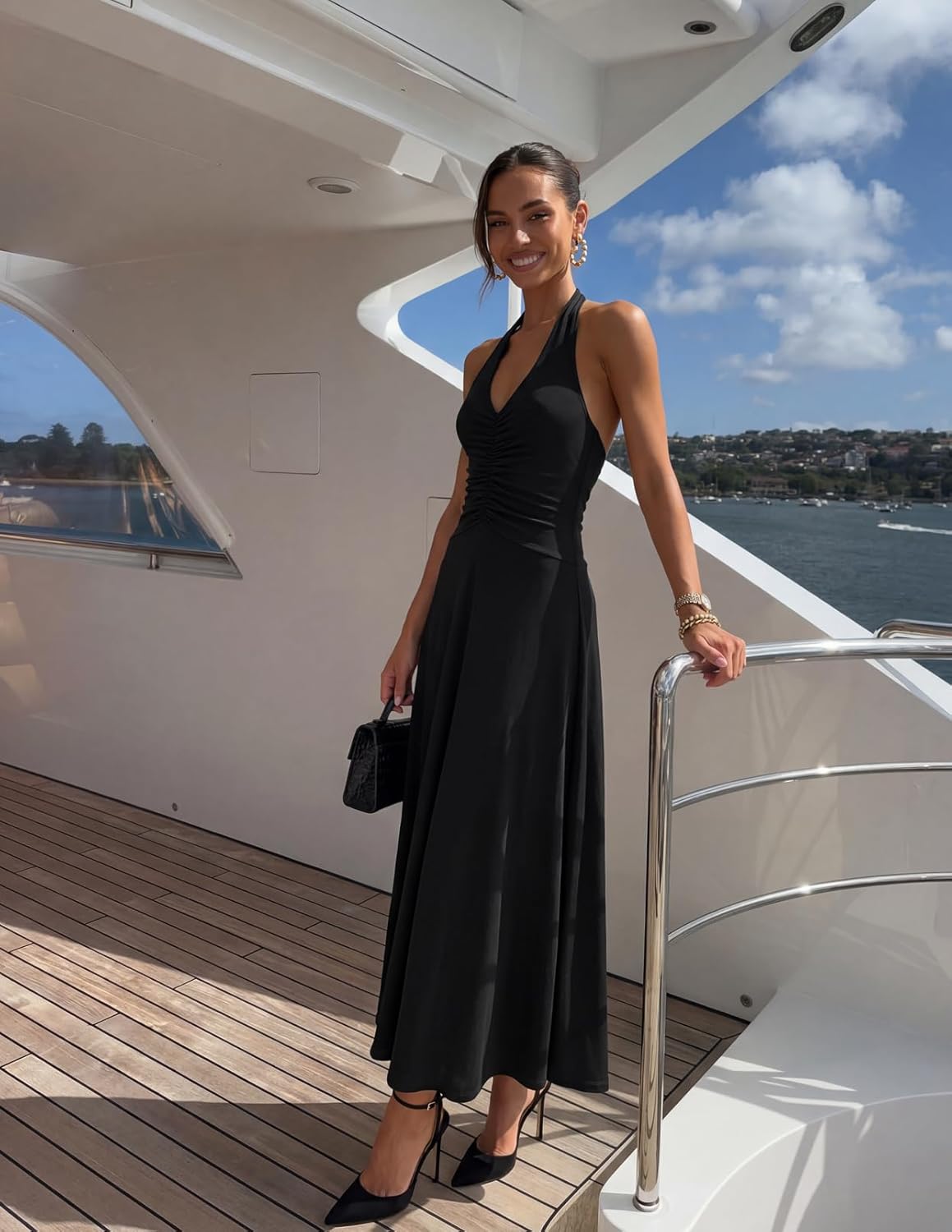 MEROKEETY Women's Formal Halter Maxi Dress 2026 Summer Backless Sleeveless V Neck Ruched Cocktail Wedding Guest Dresses
