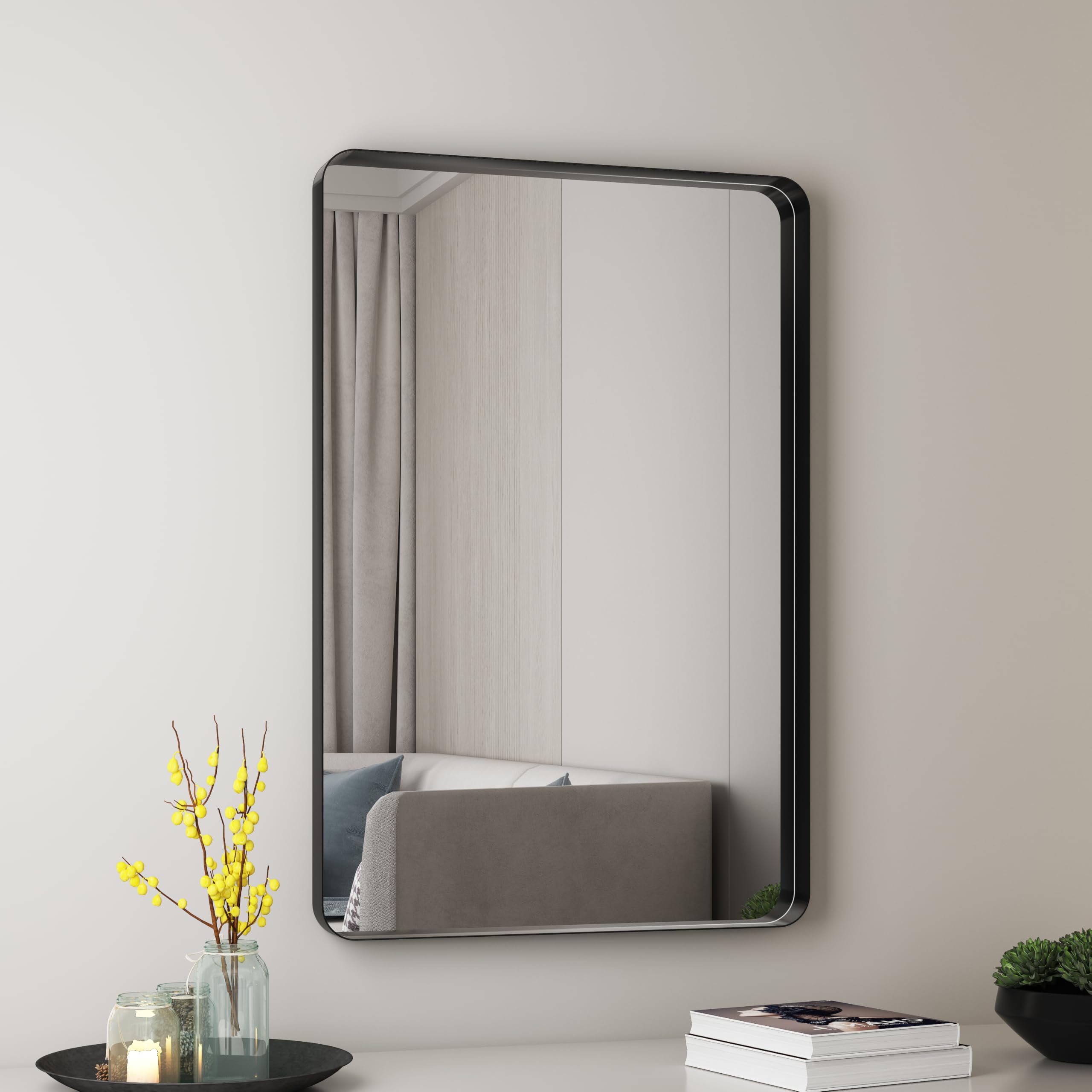 Rectangle Metal Frame Wall Mirror for Bathroom 24 x 36 Inch Wall Mounted Vanity Mirror Rounded Corner Black Frame Decorative Mirrors for Living Room