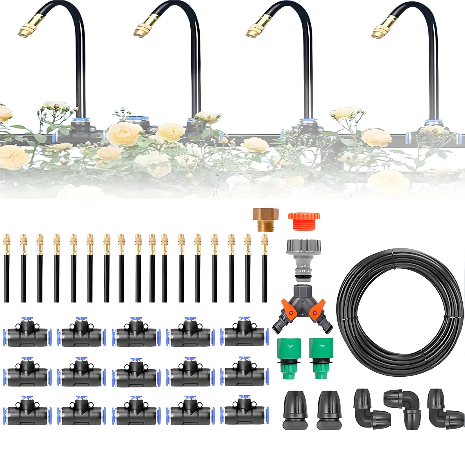 Kit per Siste-ma Di Irrigazione, Sis-tema Di Irrigazione Automatico Da Giardino Curvo a 360°, Con Ugello Regolabile, Spruzzatore in Rame E Timer Intelligente per Giardino Serr,50m/164ft-WithoutTimer