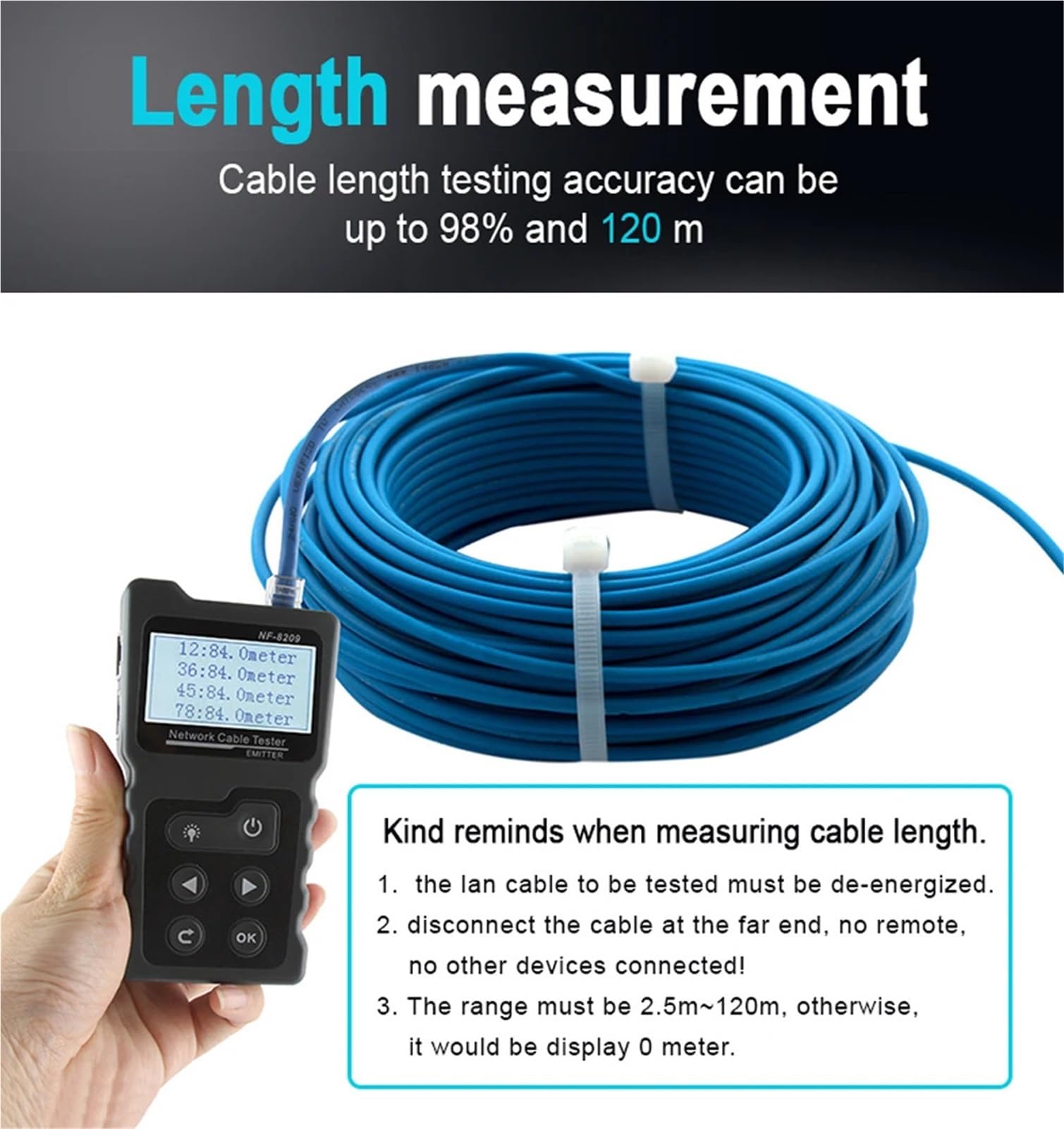 Localizzatore di Cavi, Tester for cavi di rete NF-8209, misuratore lunghezza, display LCD, strumenti PoE