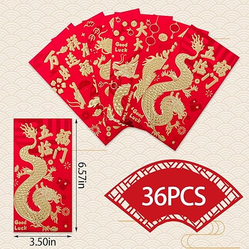Miniatura 2 de Hying 36 sobres chinos rojos chinos HongBao para tarjetas 2024, año nuevo chino, dragón, dinero de la suerte, bolsillos rojos para festival de